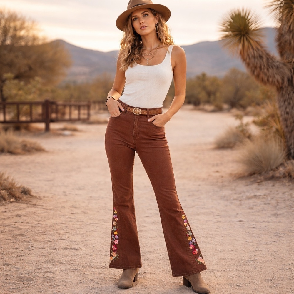 Cider Brown Floral Embroidered Flare Jeans Size XS Boho Western